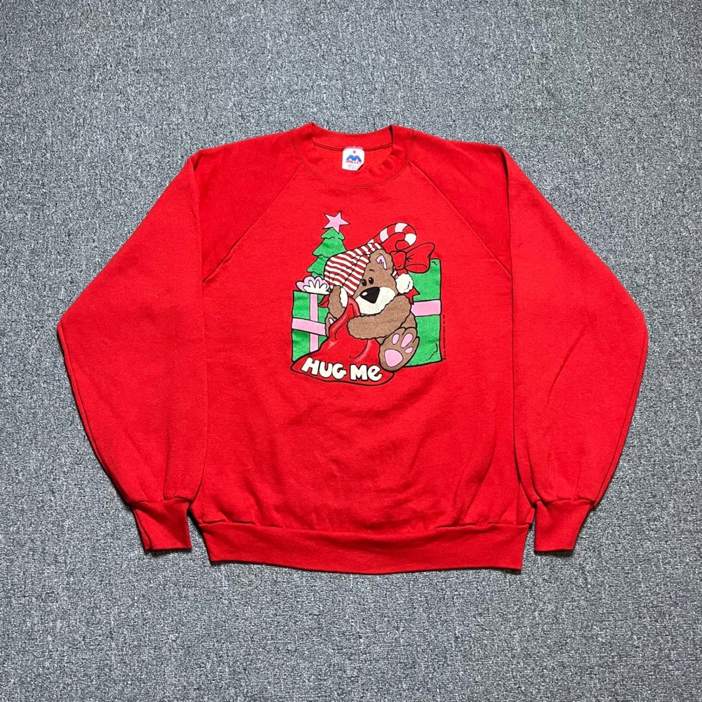 Vintage Miller Christmas Sweatshirt XL Red Hug Me Teddy Bear 1980s USA Made